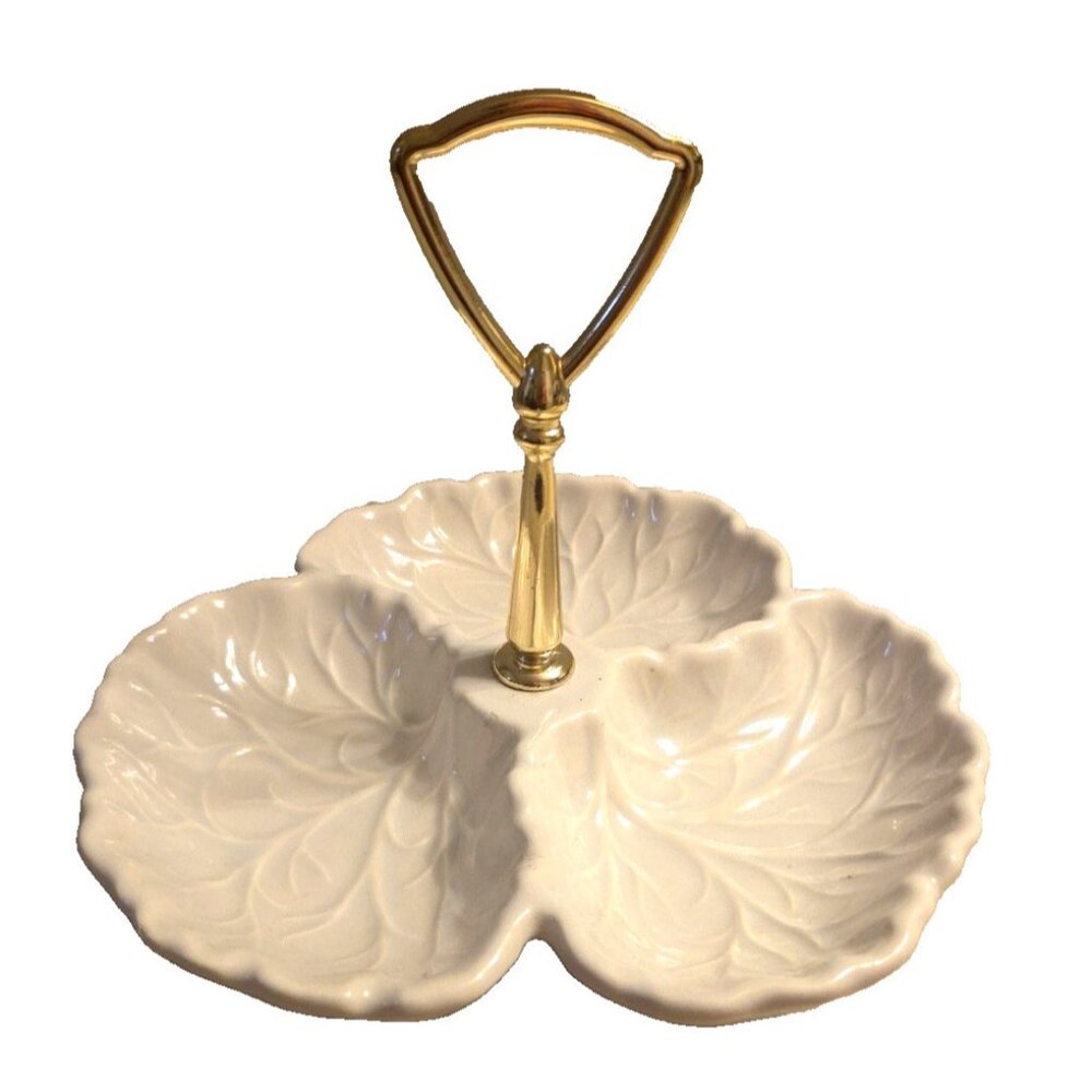 White Haeger 3 Section Divided Dish Lettuce Tidbit Nut Candy w/ Handle 8043H Vtg